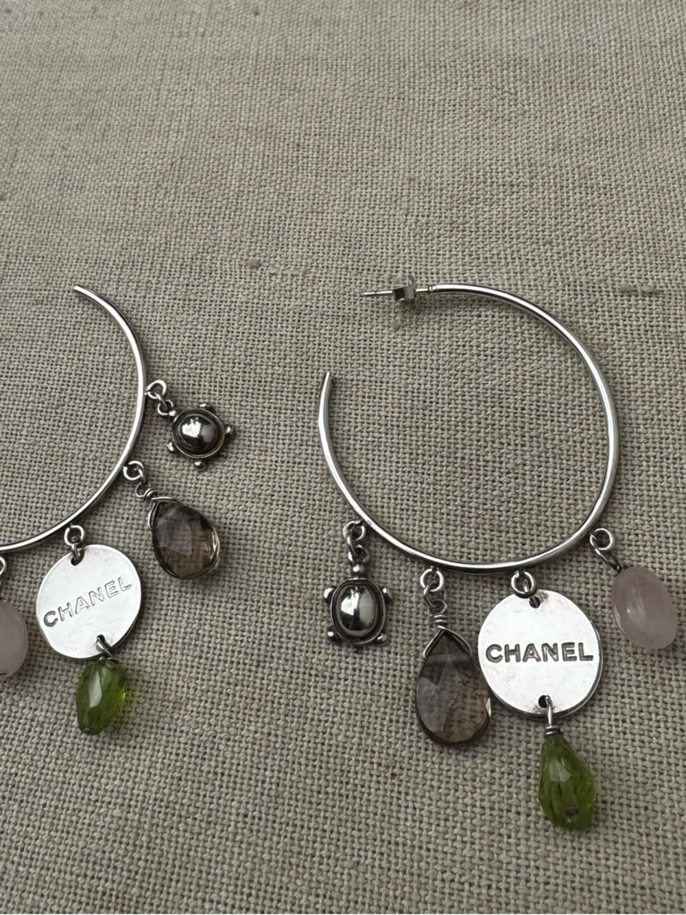 Sterling Silver 925 Hoop Earrings w Multi Gemstone Charms Pink Green Drop